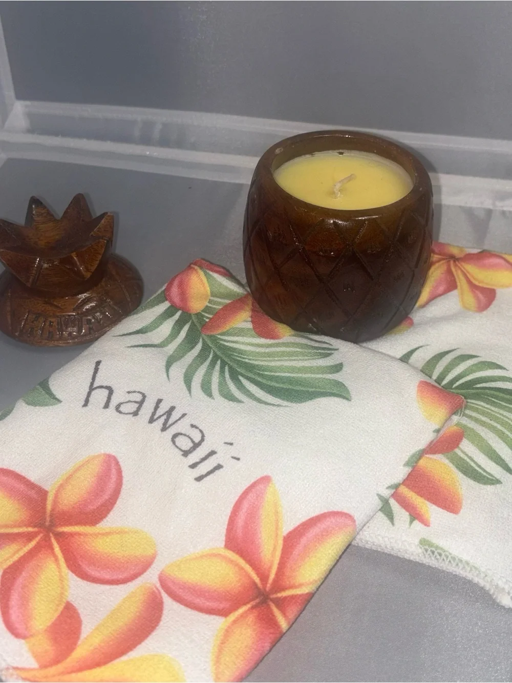 2 Hawaiian Plumeria Floral Cotton Hand /kitchen Towel - carved wooden candle